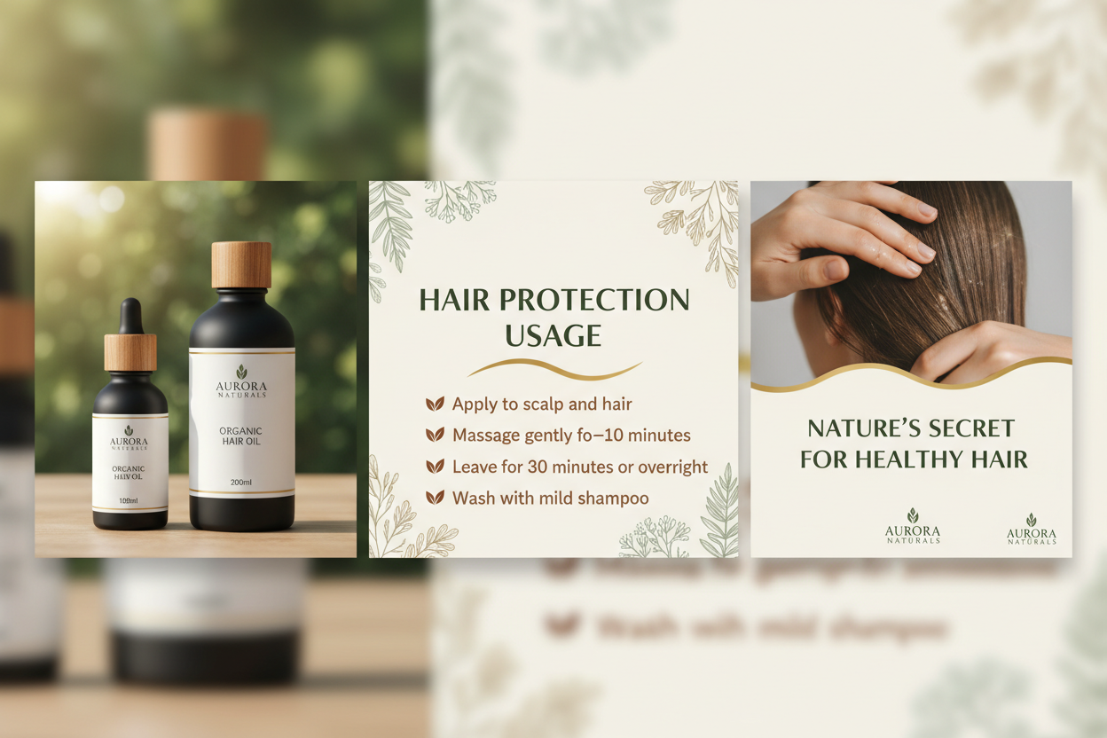 2 bottles 100ml and 200ml in black bottle show in multi banner with used hair protection directions for my organic Hair oil brand