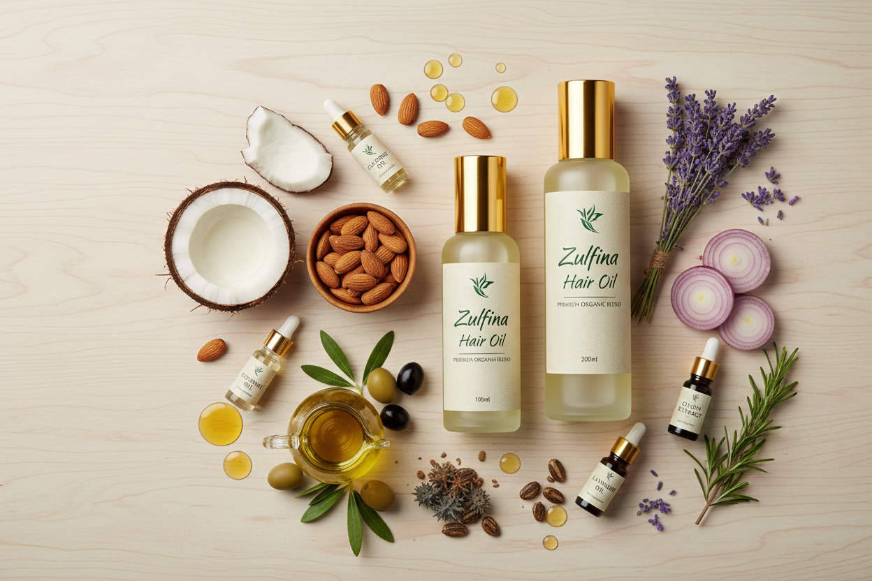 add Zulfina Hair oil bottle 100ml or 200ml and organic product ingredients used in organic hair oil like coconut oil, almond oil, olive oil, castor oil, onion extract, lavender oil, essential oil, Rosemary oil, etc