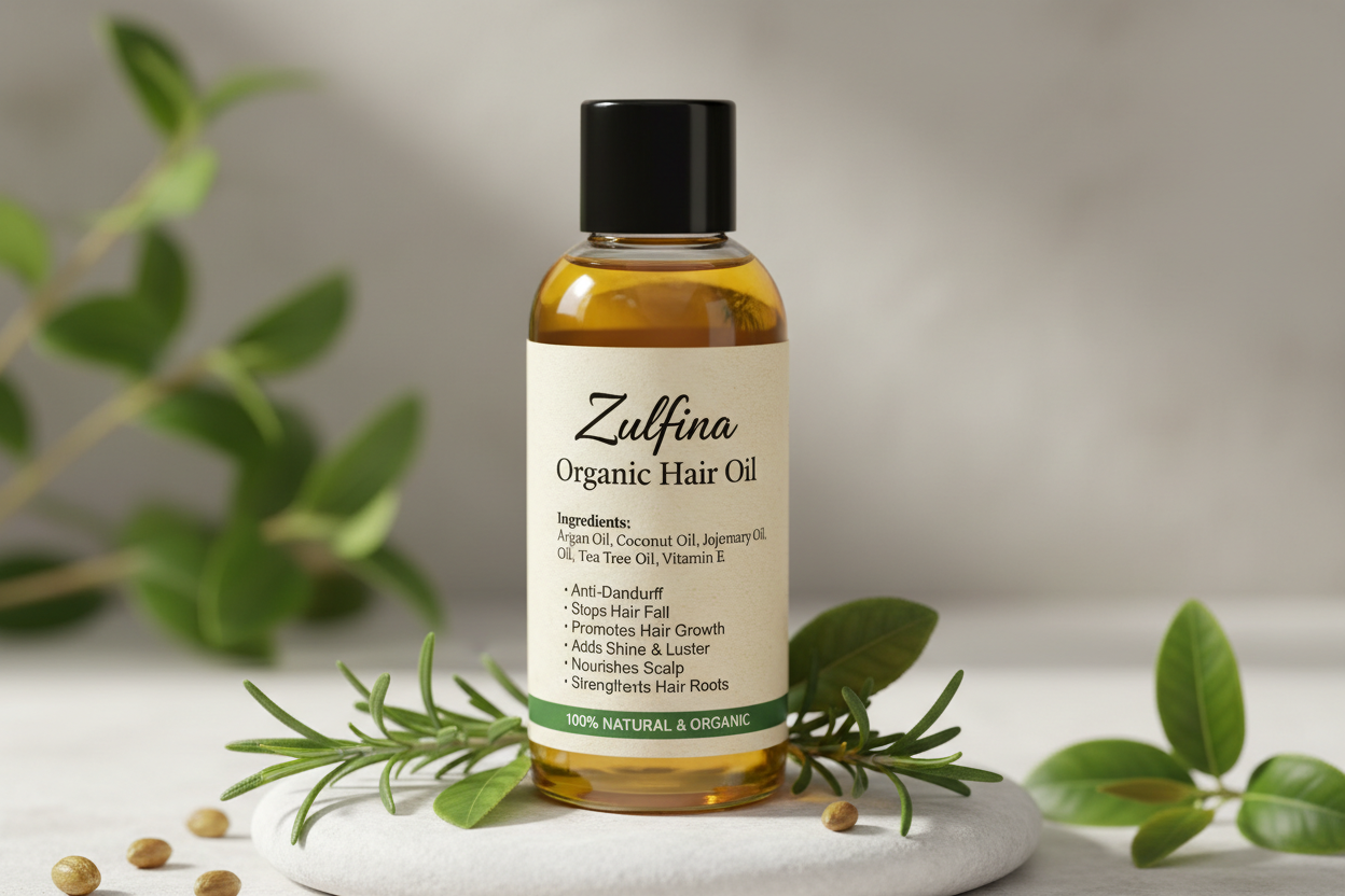 generate another brand image Zulfina Organic Hair Oil  with round black cap bottle write ingredients and benefits for using organic hair oil for anti dandruff, stop hair fall, growth hair, shining hair and other benefits for using this organic oil