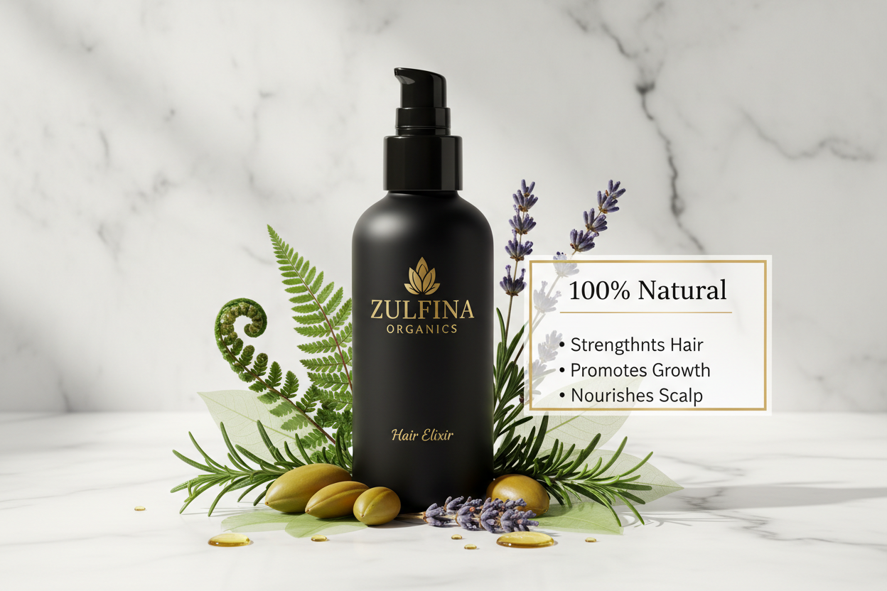 generate another image for get big band first purpose for zulfina organic hair oil brand with black bottle with black cap and add beneficial best for brand  