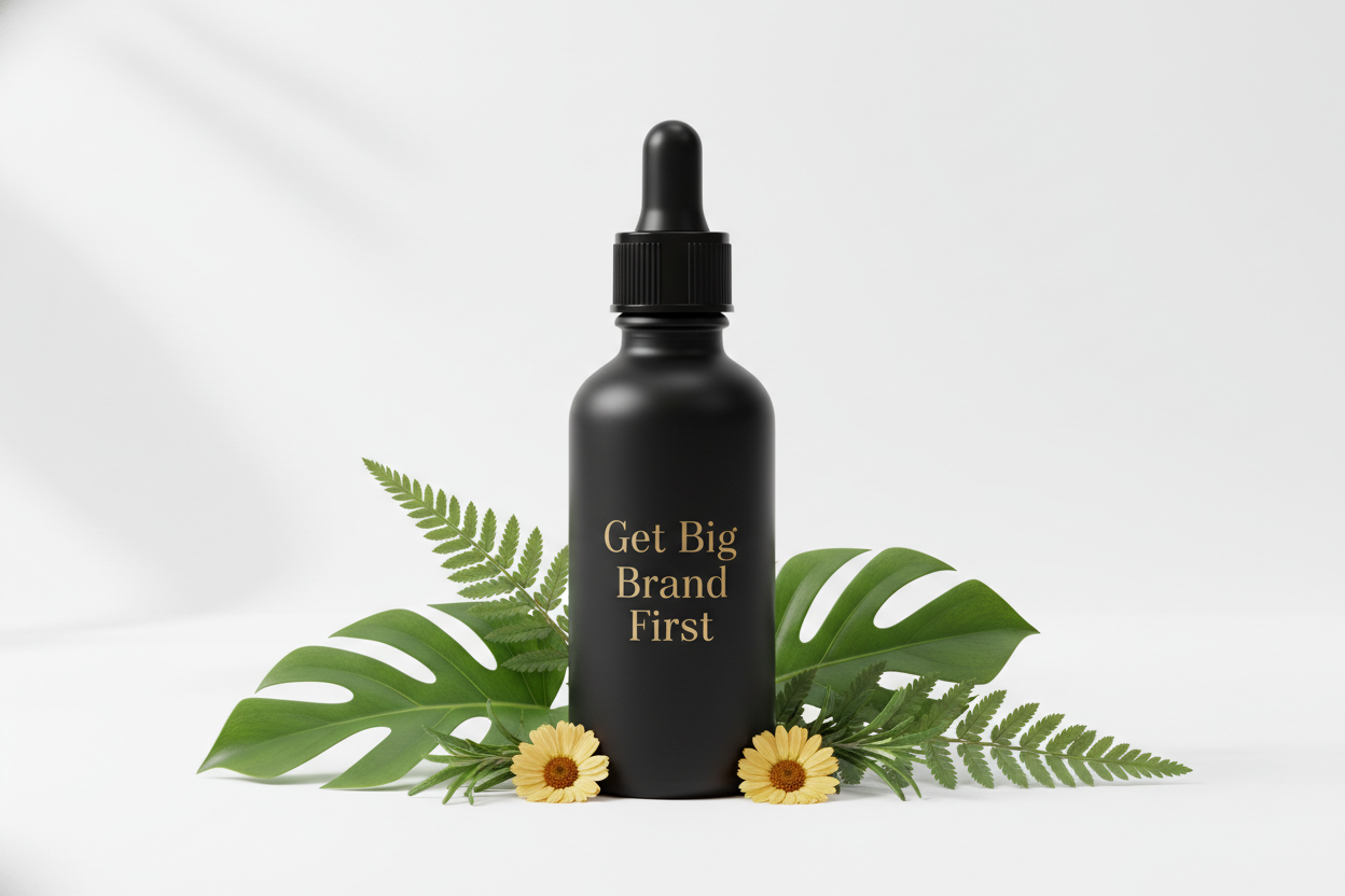 generate brand image with black organic hair oil bottle and write on to Get Big Brand First 