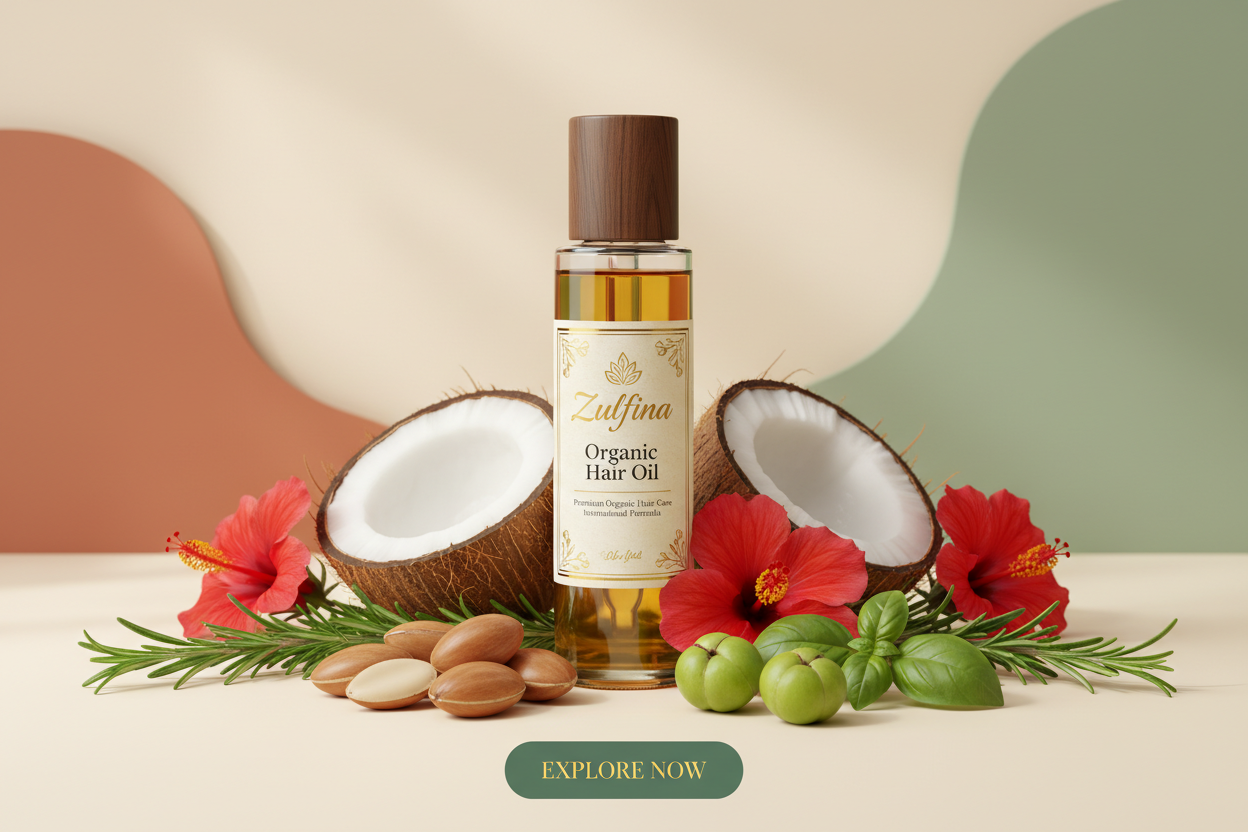 generate my brand image Zulfina Organic Hair Oil for shop cyclops sale purpose and in footer show button Explore Now with ingredients with international market purpose